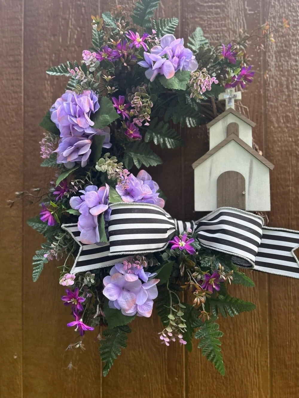 Handmade Lavender Floral Wreath with Striped Bow and Chapel Accent